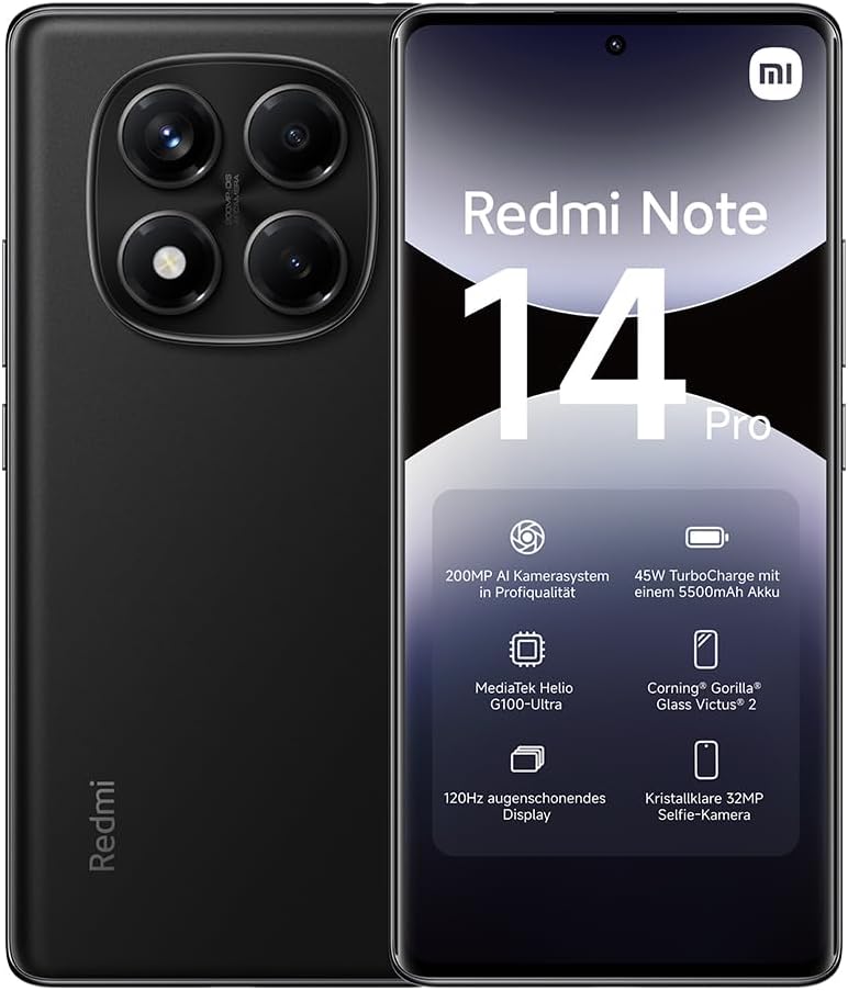 XIAOMI Redmi Note 14 Pro Smartphone, 8 + 256GB, Black, 200MP professionelle AI-Kamera, 5500mAh Akku, 32MP Selfie-Kamera, AI-Funktionen (kein Ladegerät enthalten)