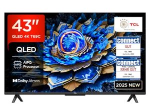 TCL 43T69C 43 Zoll QLED, Direct LED TV, 4K HDR TV, Smart Google TV (Dolby Vision & Atmos, Motion Clarity, Kompatibel mit Google Assistant & Alexa)