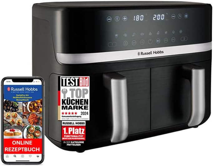 Russell Hobbs Heißluftfritteuse 2 Kammern 9L Rapid AirFryer [2 Fächer je 4,5l, sehr leiser Betrieb, 9 Programme] SatisFry Fritteuse (spülmaschinenfest, Match & Synchronisierungsfunktion) 27681-5649.99€ statt 169.95€⚡️ Blitzangebot nutzen➡️ https://www.amazon.de/dp/B0DWNFDWWS/?tag=preisfehlerheute-21