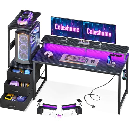 Coleshome Gaming Tisch mit mit Schubladen, 151×50cm Gaming Schreibtisch mit LED-Beleuchtung & Steckdose, Computertisch mit Ablageflächen & Monitorständer, Carbon Fiber Schwarz