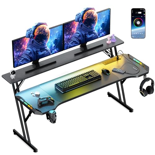 VidaTeco 120cm Gaming Tisch, Gaming Schreibtisch mit LED, PC Tisch Gaming mit Kohlefaseroberfläche, Stabiler Computertisch für Gaming