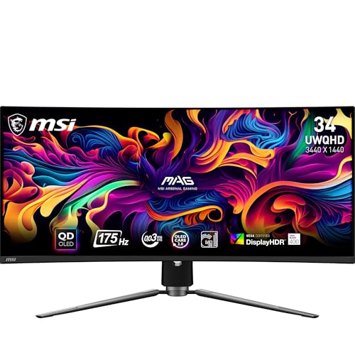 MSI MAG 341CQP QD-OLED Curved Gaming Monitor UWQHD 34 Zoll 1800R Quantum Dot OLED 3440×1440 175Hz / 0,03ms, 99% DCI-P3, ΔE≤2, DisplayHDR True Black 400, KVM, DP 1.4a, HDMI 2.1, USB