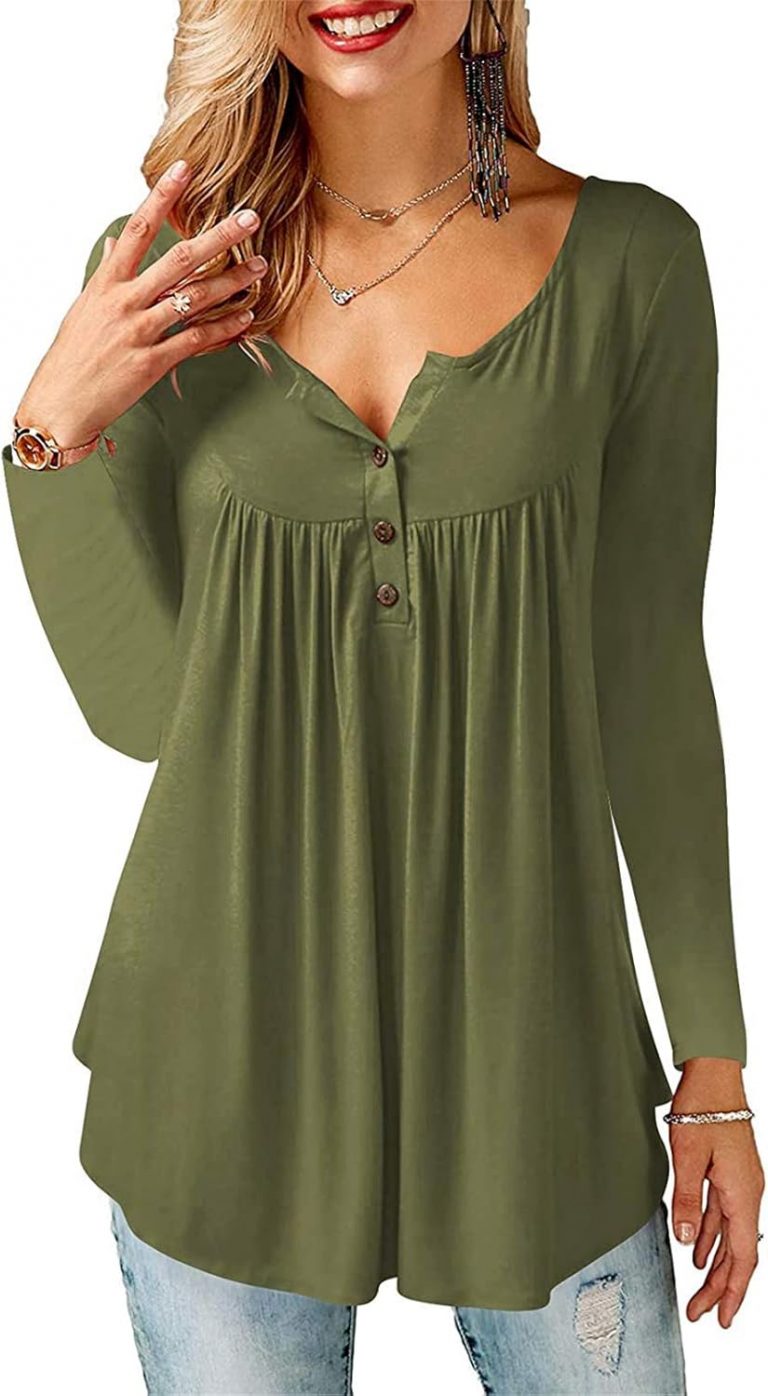 AMORETU T-Shirt Damen V-Ausschnitt Knopfleiste Bluse Solide Tunika Sommer Tops , Langarm-olivgrün, L/DE 46-4813,15€ statt 24,99€➡️ https://www.amazon.de/dp/B07G9TNNVG/?tag=preisfehlerheute-21