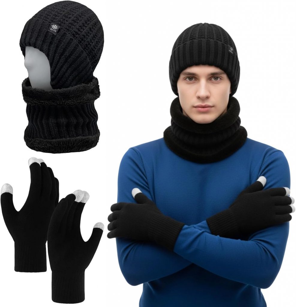 Mütze Und Loop Schal, 3-teiliges Winter-Set Mit Touchscreen-Handschuhen, Warme Strickmütze Und Schal Für Herren Und…