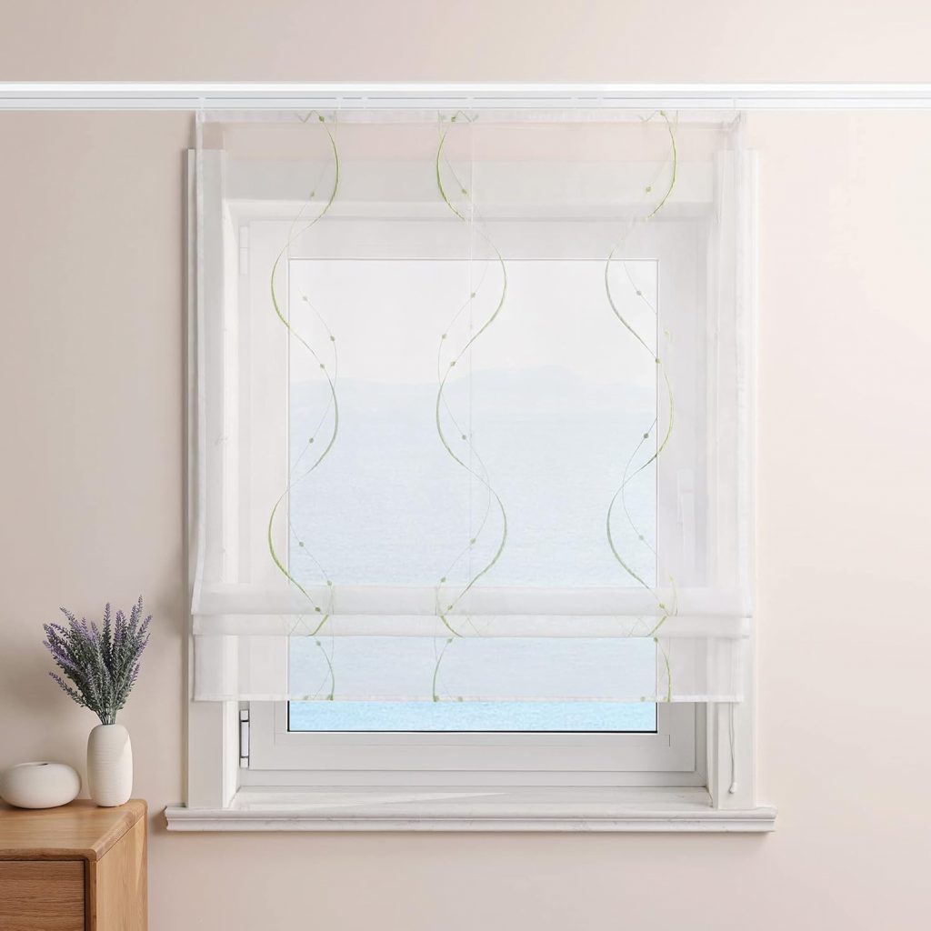 ESLIR Raffrollo Weiß Raffgardine mit Klettband Gardinen Küche Transparent Bändchenrollo Voile Bestickt mit Wellen Muster Grün BxH 140x140cm 1 Stück22,19€ statt 36,99€➡️ https://www.amazon.de/dp/B0BFHF3MZB/?tag=preisfehlerheute-21