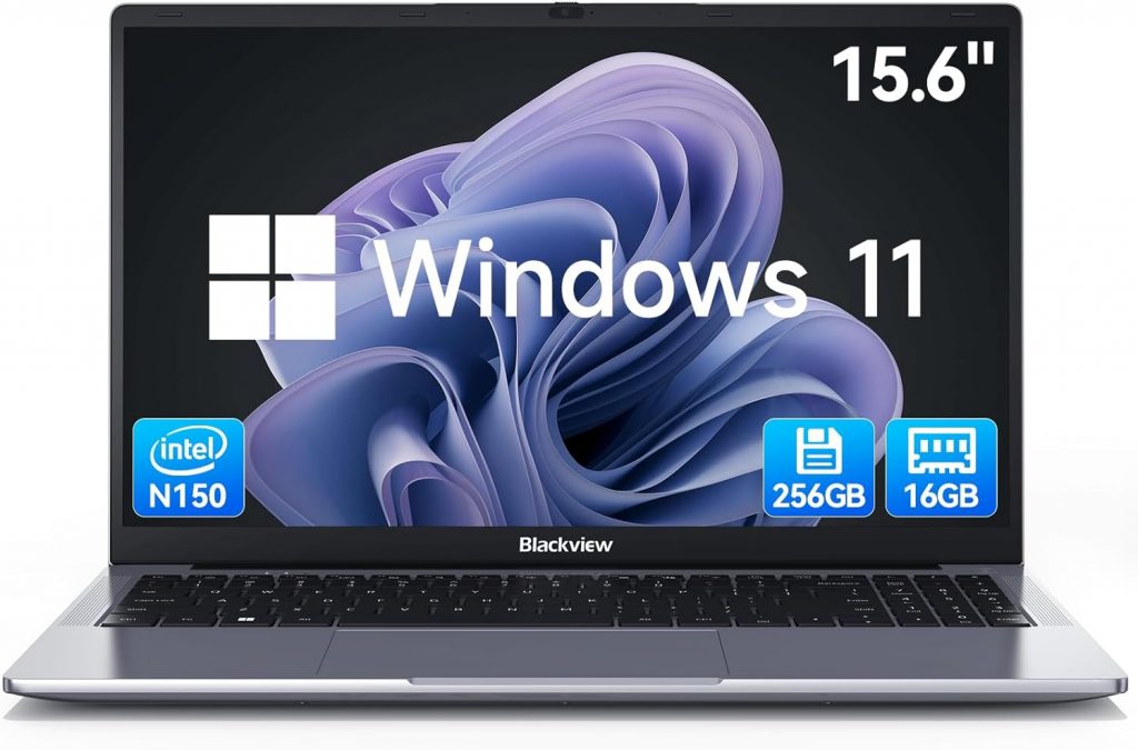 Blackview 15,6 Zoll Laptop, N150(Besser N95/N97) bis zu 3.6GHz, 16GB RAM 256GB SSD Notebook für Unternehmen Studierende, FHD IPS Display, Augenschutz, 100W Typ-C, 4K HDMI, Bluetooth, WiFi 5, QWERTY
