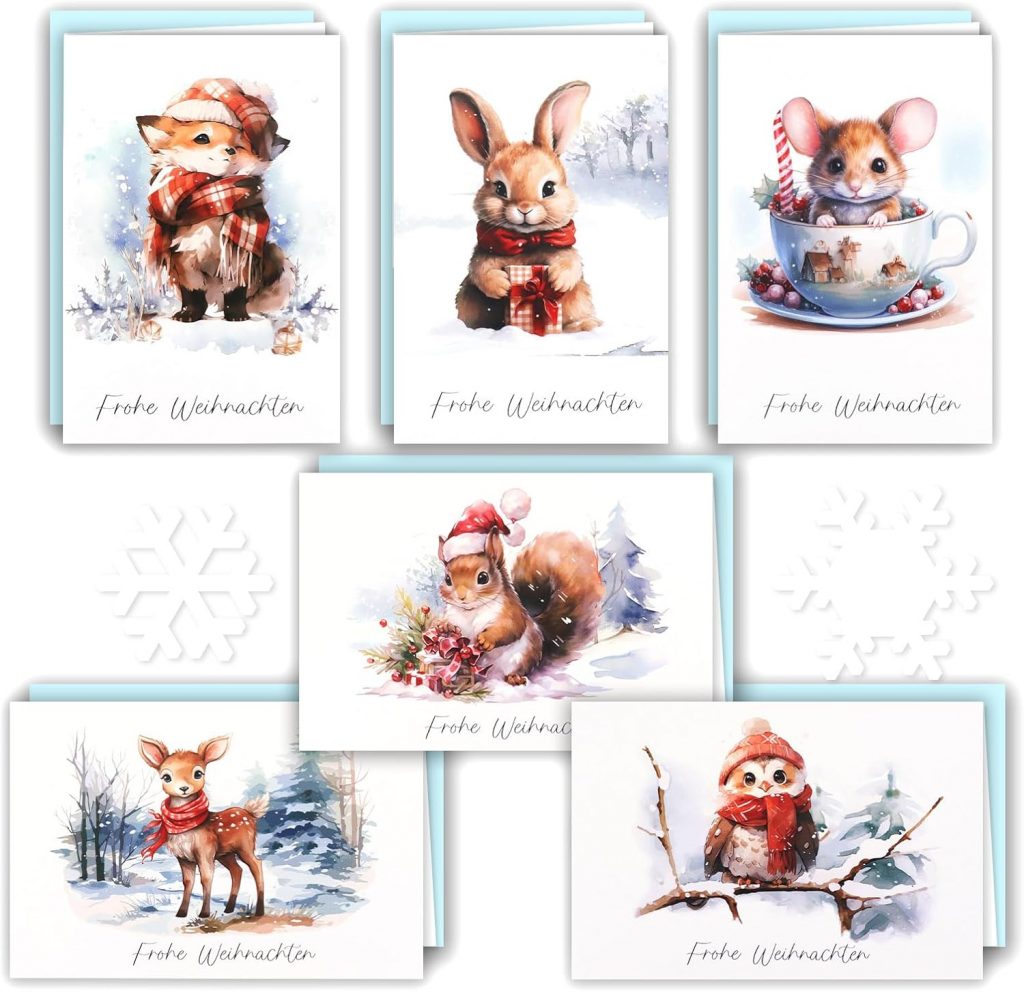 Shining She 18 Weihnachtskarten mit Umschlag Set, A6 Klappkarten Weihnachtskarten Set Frohe Weihnachten Segenswunsch Karten Xmas Aquarell Waldtiere Postkarten Reh Fuchs Hase Eule Eichhörnchen Maus6,99€ ➡️ https://www.amazon.de/dp/B0DD6SGW4T/?tag=preisfehlerheute-21