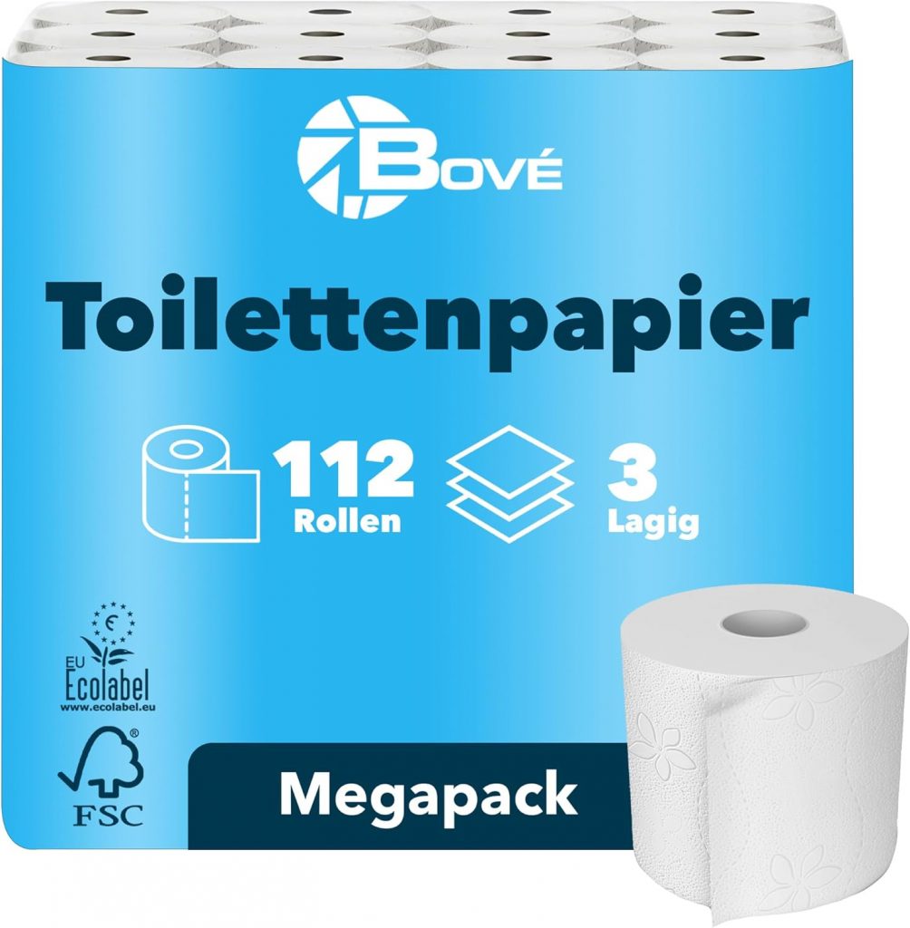 BOVE Toilettenpapier 3-lagig 112 Rollen Megapackung - 250 Blatt pro Rolle - Extra Weich, Stark & Saugstark - FSC & EU Ecolabel Zertifiziert - Preis-Leistungs-Knaller52,99€ statt 69,99€➡️ https://www.amazon.de/dp/B0DL6CP9NM/?tag=preisfehlerheute-21