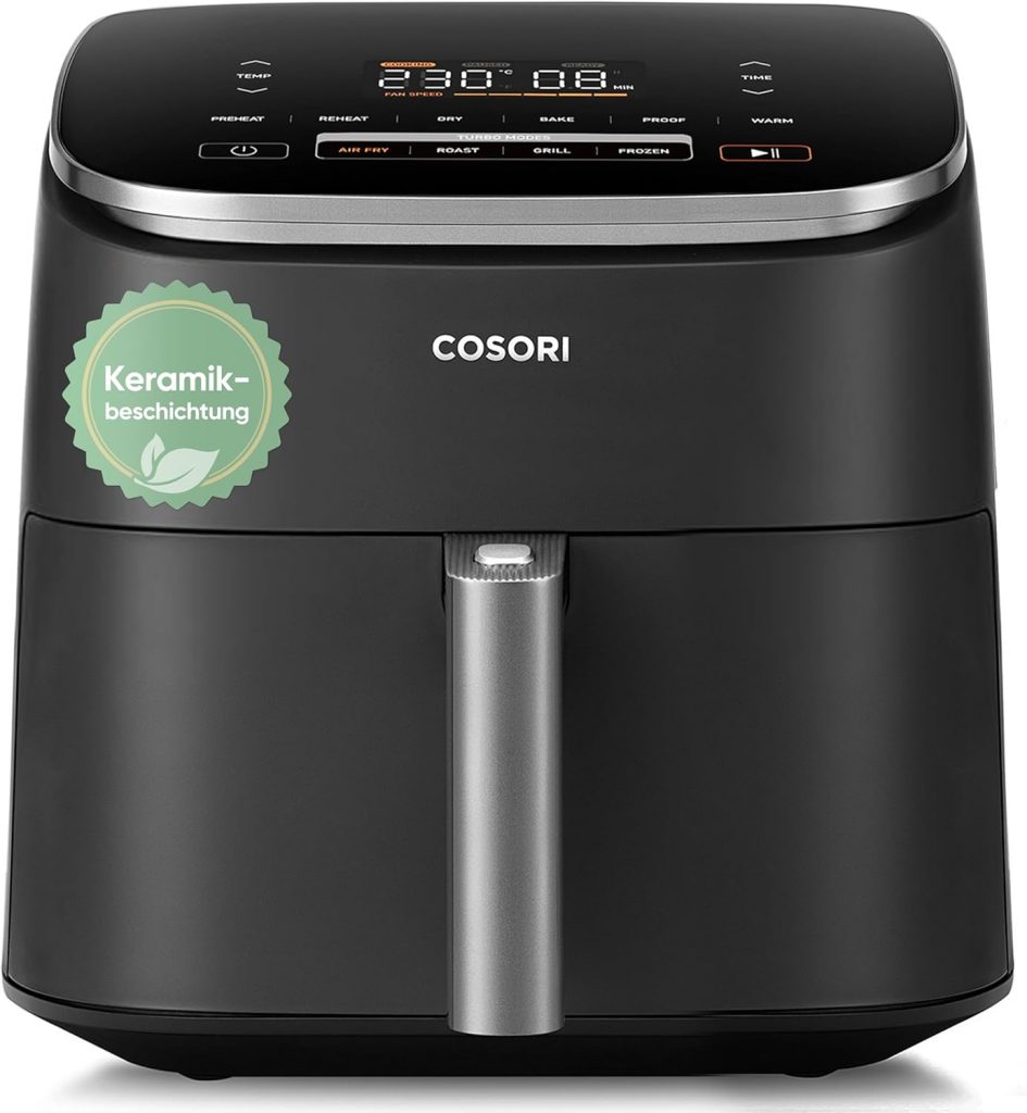 Cosori Turboblaze Airfryer mit Keramikbeschichtung, 9-in-1 Heißluftfritteuse, Backen, Grillen, Braten, Air Fryer XXL 6L, leiser DC Motor mit 5 Gebläsestufen, 87 Rezepte135,99€ statt 159,99€➡️ https://www.amazon.de/dp/B0FFB76K4Q/?tag=preisfehlerheute-21