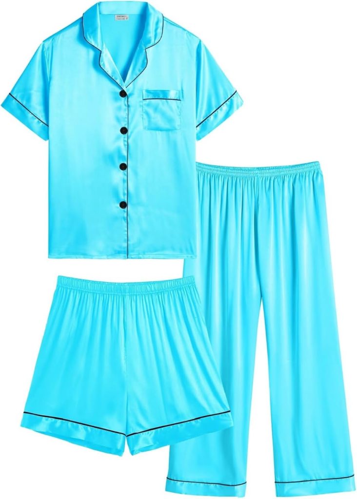 SWOMOG Kinder Schlafanzüge 3 Stück Silk Pyjama Set für Mädchen Jungen Button-Down Pjs Kurzarm Seide Nachtwäsche