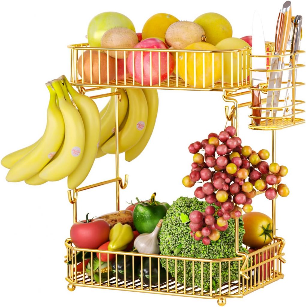 ANJUBAN Schwerer 2-stöckiger Obstkorb für die Küche, mit 8 Bananenaufhängern