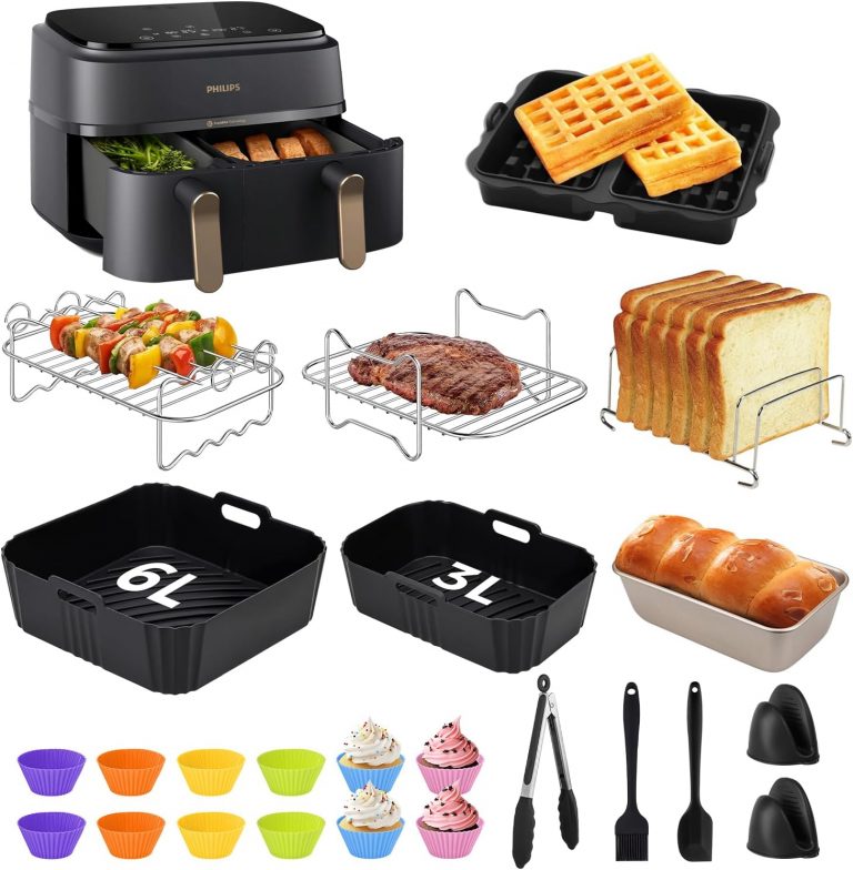 Silikonform Heißluftfritteuse Zubehör für Philips Airfryer Dual Basket 3000/5000 Serie, Airfryer Zubehör enthält Silikonform, Waffeleisen, Grillrost, Brotbackformen für Philips NA350, usw 23 Stück25,15€ statt 36,99€➡️ https://www.amazon.de/dp/B0FKMNYMMM/?tag=preisfehlerheute-21