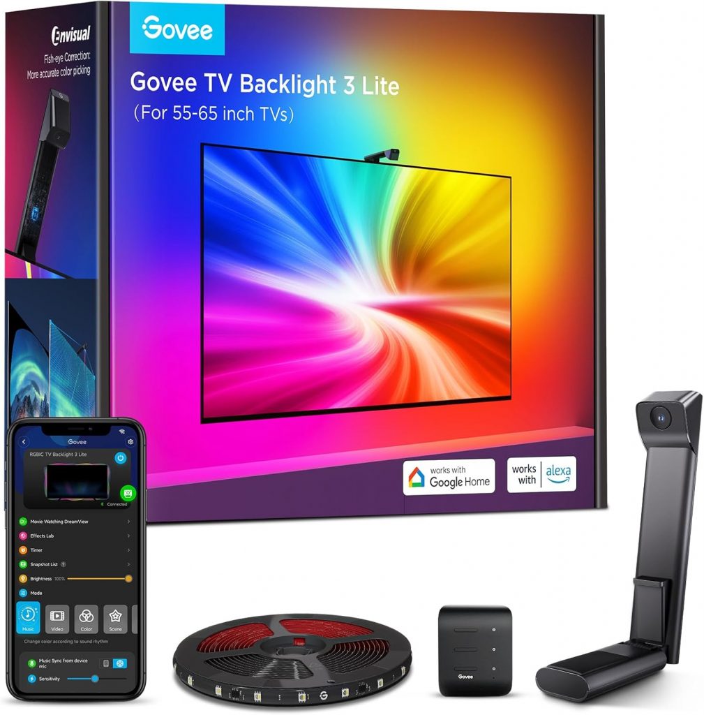 👑 Govee TV Hintergrundbeleuchtung 3 Lite mit Fish-Eye Korrektur Funktion, Sync für 55-65 Zoll TVs, 3,6M RGBICW WiFi TV LED Strip mit Kamera, 4 Farben in 1 Lampenperle, Sprach- & APP-Steuerung
