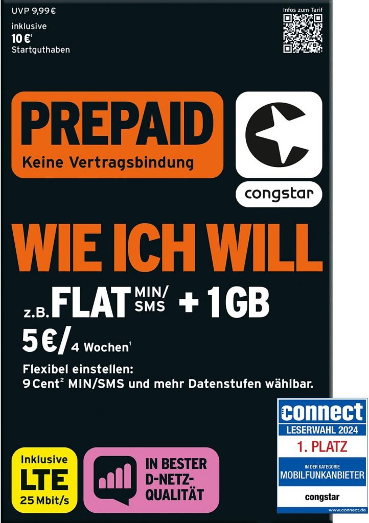 🤴 congstar Prepaid wie ich Will SIM-Karte ohne Vertrag I Prepaid-Guthaben Wunschmix in D-Netz-Qualität I frei wählen 1-15 GB & 9 Ct. pro Min/SMS – Flat I alle 4 Wochen neu Mixen I 10 EUR Startguthaben7,49€ statt 9,99€ – 26,0 🔥🚚 Verkauft von Power Sim Shop GmbH und Versand durch Amazon2,675 Bewertungen: 4.1 / 5.0 ⭐️⭐️⭐️⭐️🛒 zu Amazon https://www.amazon.de/dp/B0732S576R/?th=1&tag=preisfehlerheute-21#038;psc=1&tag=preisfehlerheute-21