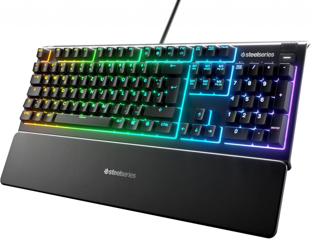 🤴 SteelSeries Apex 3 Gaming Tastatur – 10-Zonen RGB-Beleuchtung – Flüsterleise Gaming-Switches – Premium magnetische Handballenauflage – IP32 wassergeschützt – Deutsches (QWERTZ) Layout