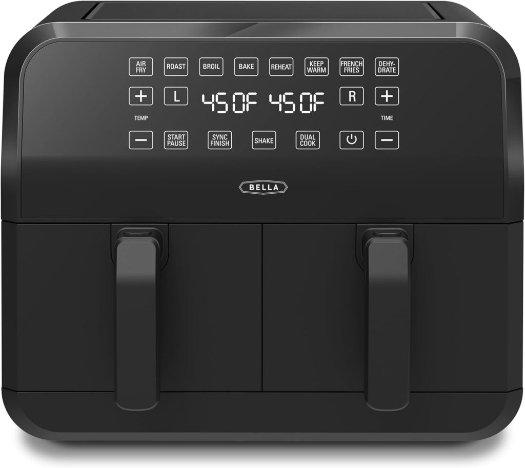 bella 8L Dual Basket Heißluftfritteuse mit Touchscreen, 8 Kochfunktionen, einstellbarer Temperatur, automatischer Abschaltung und Timer, antihaftbeschichteten Kochschalen, 1700W, Schwarz39.99€ 🏷️ Coupon anwenden➡️ https://www.amazon.de/dp/B0CNJ3FRBR/?tag=preisfehlerheute-21