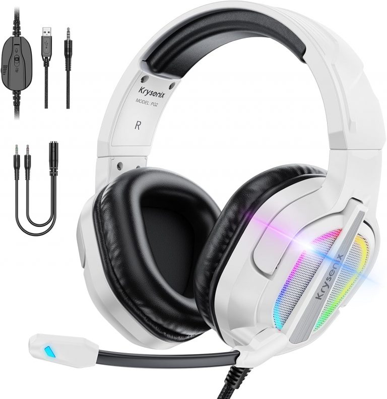 Krysenix PG2 RGB Gaming Headset für PS4, PS5, PC, Xbox, Nintendo Switch,Ps5 Gaming Headset mit Mikrofon, Over-Ear Kopfhörer,Ps4 Kopfhörer mit 3,5mm Klinke,Strahlendes Weiß