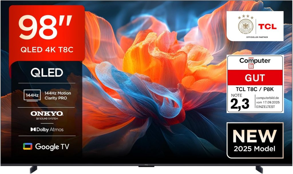 👑 TCL 98T8C 98 Zoll QLED 4K HDR Ultra HD Fernseher, Smart TV mithilfe von Google TV (Dolby Vision Atmos, 144Hz Motion Clarity Pro, Game Bar, ALLM, FreeSync, Onkyo 2.1 Sound,Sprachsteuerung)1399,00€ statt 1899,00€ - 27,00 % 🔥🚚 Verkauft durch Amazon und Versand durch Amazon538 Bewertungen: 4.4 / 5.0 ⭐️⭐️⭐️⭐️🛒 zu Amazon https://www.amazon.de/dp/B0DV9JNW8P/?amp%3Btag=preisfehlerheute-21&%3Bamp%3Bth=1&%3Bamp%3Bpsc=1&tag=preisfehlerheute-21