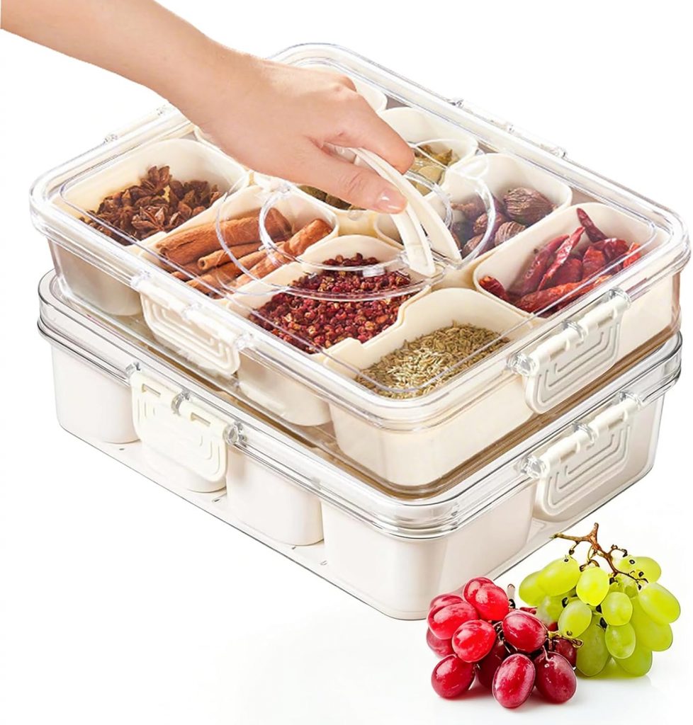 OYIWINMI Snackbox mit 8 Fächern, Snackboxen mit Deckel und Griff, Snackteller Organizer für Süßigkeiten Nüsse Veggie…