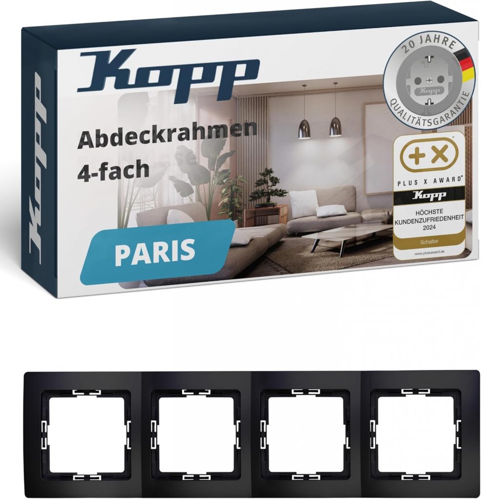 Kopp PARIS 4-fach Abdeckrahmen in Matt-Schwarz - 8,3 x 29,6 cm - Rahmen für Steckdosen & Schalter - Stilvoller Steckdosenrahmen aus Kunststoff - Hochwertiger Lichtschalter-Rahmen4,49€ statt 10,95€➡️ https://www.amazon.de/dp/B08XBMQ4B4/?tag=preisfehlerheute-21