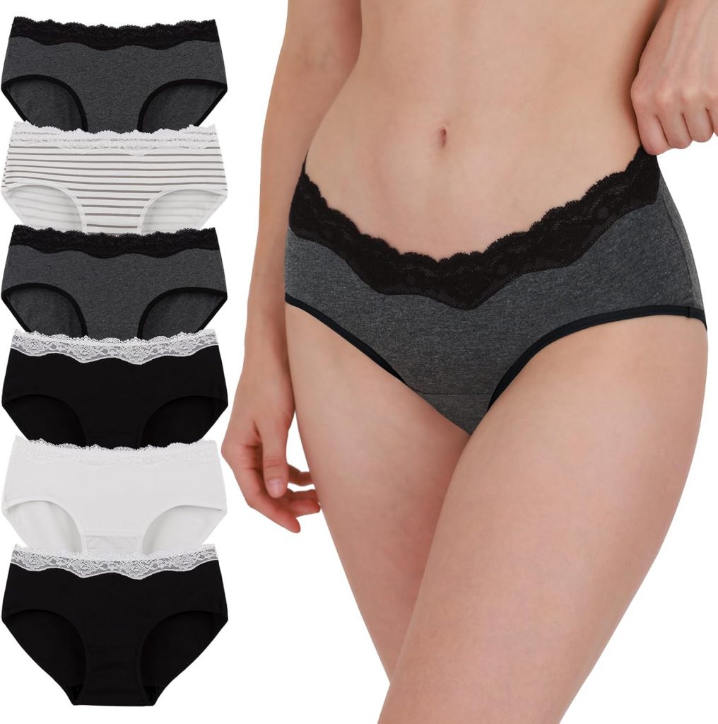 INNERSY Damen Slips Mehrpack Spitzenbesatz Unterhosen Mittlere Taille 6er Pack (46, Schwarz/Grau/Weiß/Streifen)