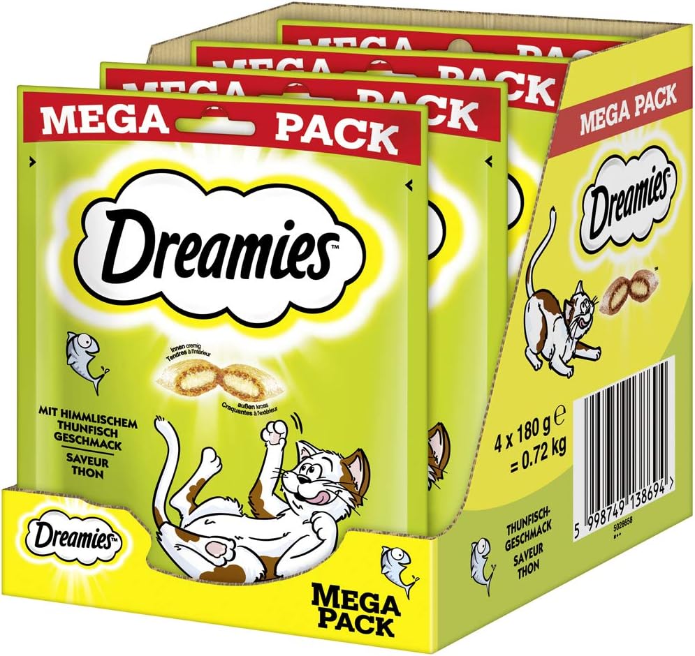 DREAMIES Katzensnacks – 4x180g – mit Thunfisch – Traumhaft knusprige Katzen Leckerlies mit zarter Füllung