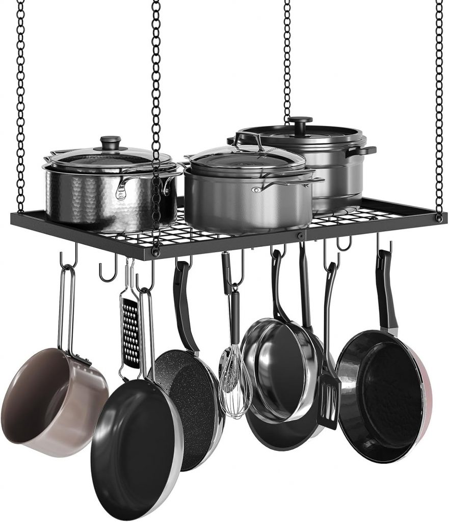 CHOEZON Küchenregal Hängend, Topfregal, Deckenregal, Metall, mit 12 Haken, für Küche, Esszimmer, Kochgeschirr…