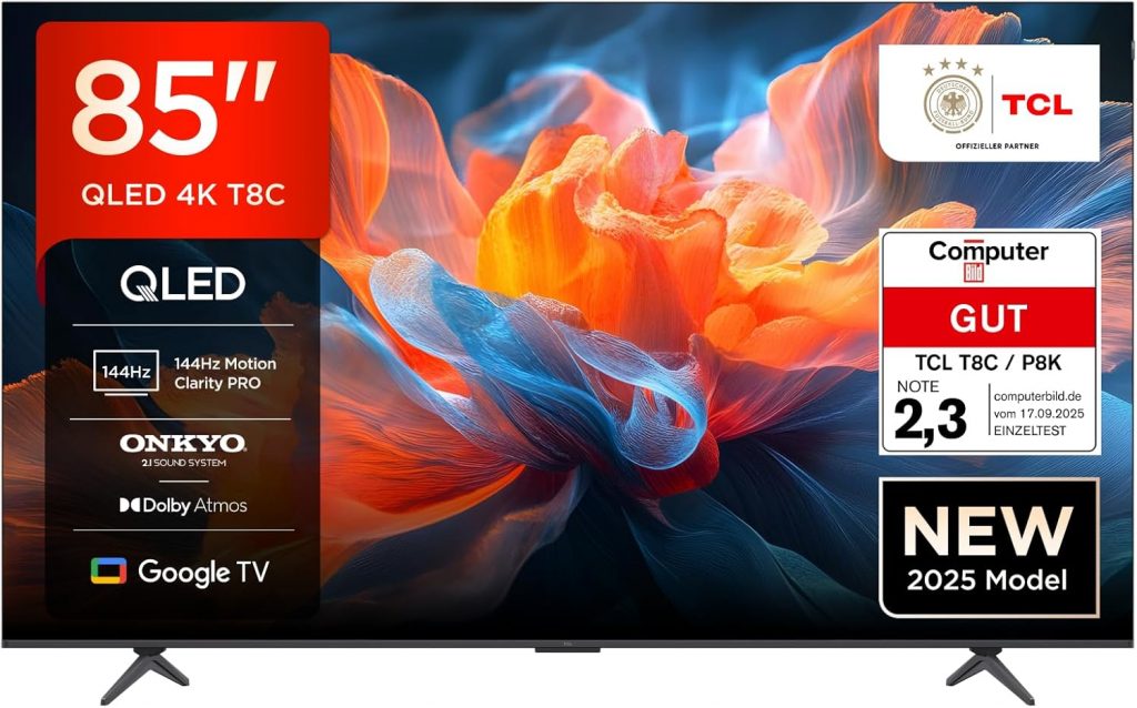 TCL 85T8C 85 Zoll QLED 4K HDR Ultra HD Fernseher, Smart TV mithilfe von Google TV (Dolby Vision Atmos, 144Hz Motion Clarity Pro, Game Bar, ALLM, FreeSync, Onkyo 2.1 Sound,Sprachsteuerung)879,00€ statt 249,00€➡️ https://www.amazon.de/dp/B0DV9KX1H8/?tag=preisfehlerheute-21