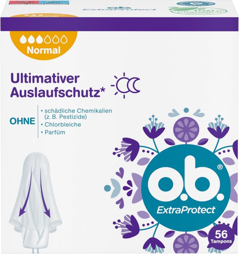 o.b. ExtraProtect Normal Tampons 56 Stk., Tampontechnologie mit extra Schutzflügel und Dynamic Fit Technologie für Tag und Nacht, 100 Prozent Auschlaufschutz3,80€ statt 5,49€➡️ https://www.amazon.de/dp/B08YLHTCPC/?tag=preisfehlerheute-21