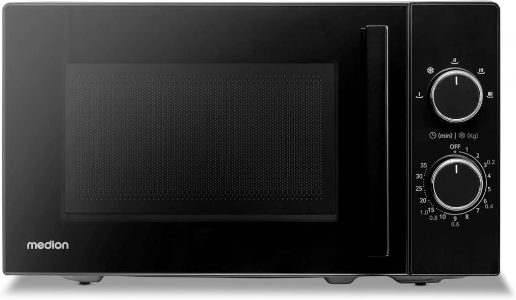 MEDION Mikrowelle (20 Liter, 800 Watt, 5 Mikrowellenstufen, Auftaufunktion, Timer, Glasteller, kompakt, MD12011) schwarz