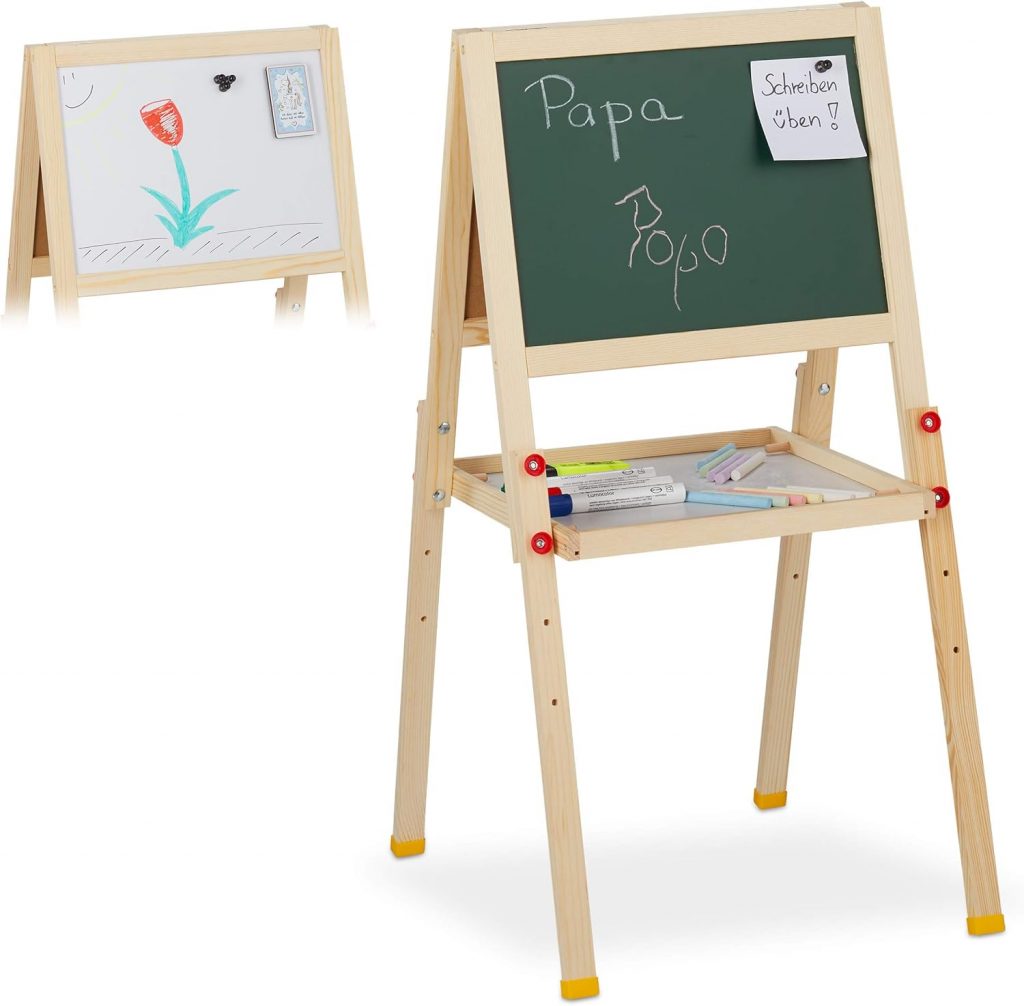Relaxdays Standtafel Kinder, beidseitig magnetisch, höhenverstellbar, HBT 77x39x44,5 cm, Whiteboard & Kreidetafel, natur
