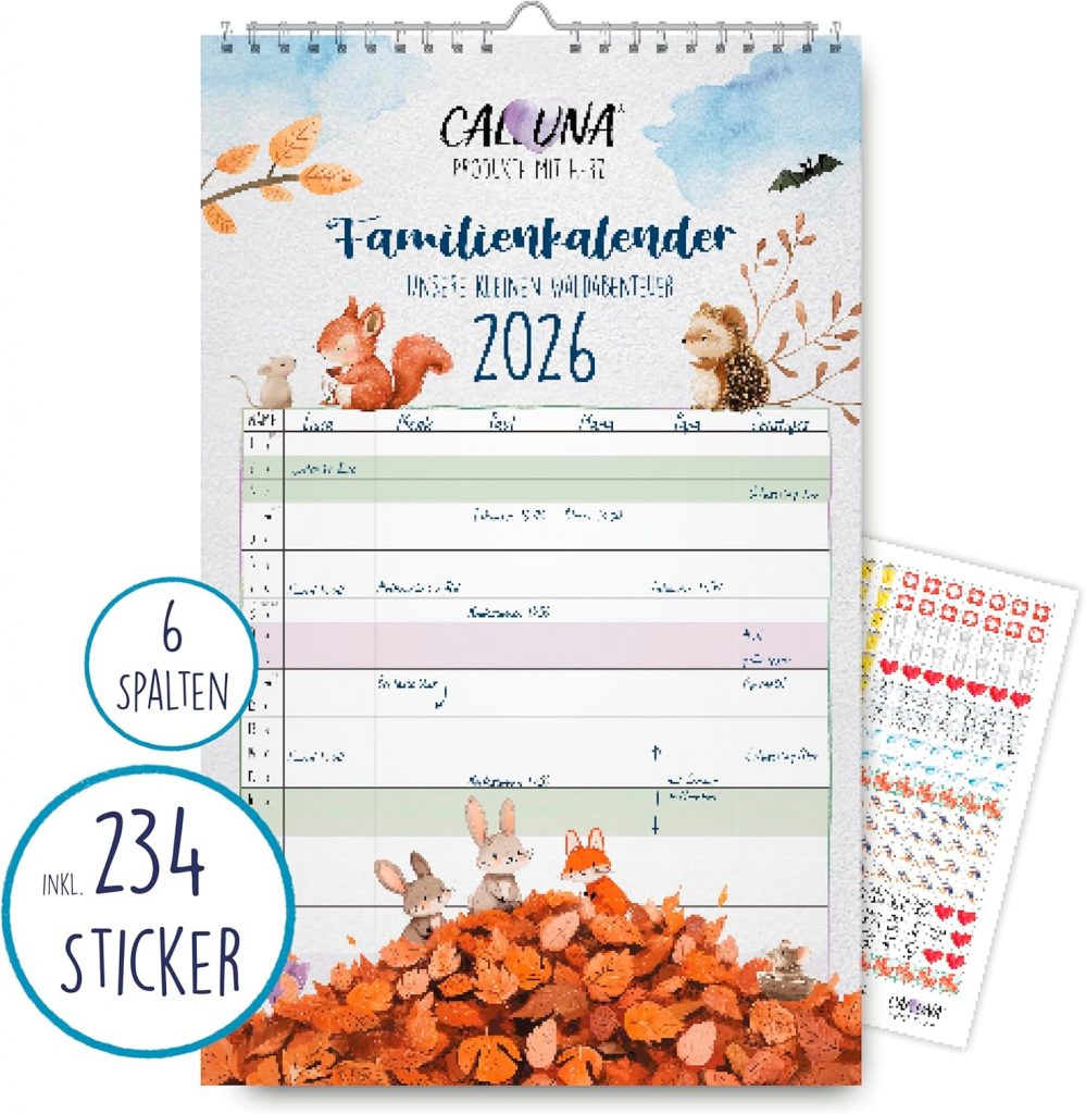 CALLUNA® – Familienkalender 2026 – 12 bunt gestaltete Monate – 6 Spalten für die Familie – inkl. Feiertagen & Ferien für Deutschland & Österreich – inkl. 234 Sticker für u. a. Müll-Termine14,39€ statt 16,99€➡️ https://www.amazon.de/dp/B0BD61GMZ8/?tag=preisfehlerheute-21