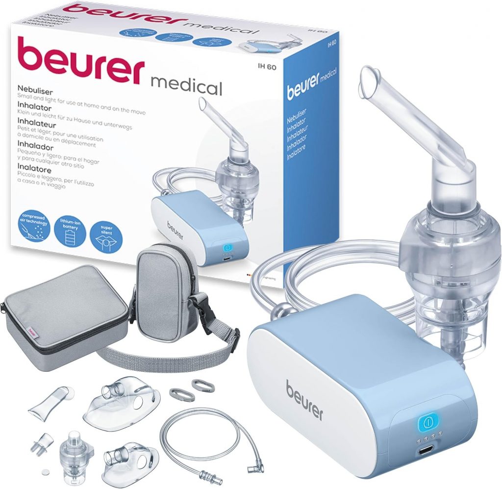 Beurer IH 60 Inhalator, leises und tragbares Inhaliergerät mit wiederaufladbarem Akku, Inhalationsgerät zur Anwendung bei Erkältung, Asthma und anderen Atemwegserkrankungen, Blau