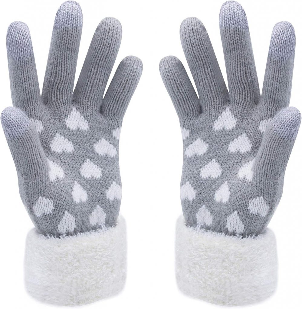 VENI MASEE Weihnachten Frauen Schöne Herz Print Warm Strickwolle Touch Screen Handschuhe – Grau,20cm