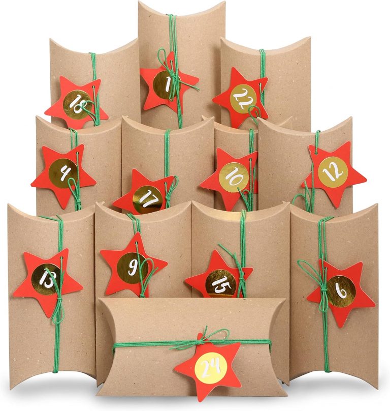Papierdrachen Adventskalender 2025 - braune Pillowboxen mit goldenen Zahlenstickern und roten Sternen und grünem Band - DIY Set zum Befüllen3,90€ statt 14,90€➡️ https://www.amazon.de/dp/B097MSPVK4/?tag=preisfehlerheute-21