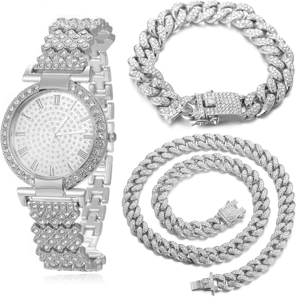 Halukakah Diamanten Gold Uhr,Damen Platinplattiert Weißgold 33MM Breite Round Zifferblatt Quarz Armband 19cm mit Kubanischer Kette 18+40cm Halskette Armband,Kostenlose Geschenkbox9.99€ statt 48.99€➡️ https://www.amazon.de/dp/B09FL6VR5M/?tag=preisfehlerheute-21