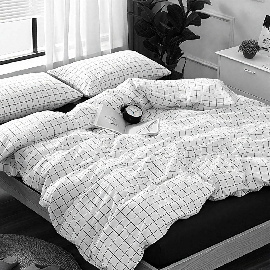 Boqingzhu 2 TLG. Microfaser Bettwäsche Check Kariert Karo Schwarz und Weiß, 135×200 cm+80×80 cm