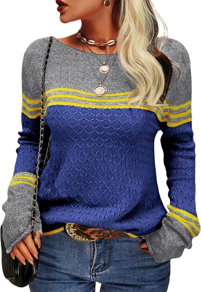 Damen Pullover Rundhals Colorblock Herbstpulli Stilvolle Slim Fit Gestreift Sweater Bequem Warm Strickpullover Langarm Tops Strickwaren (Dunkelblau, XXL)16.14€ ➡️ https://www.amazon.de/dp/B0D7PHQ2WD/?tag=preisfehlerheute-21