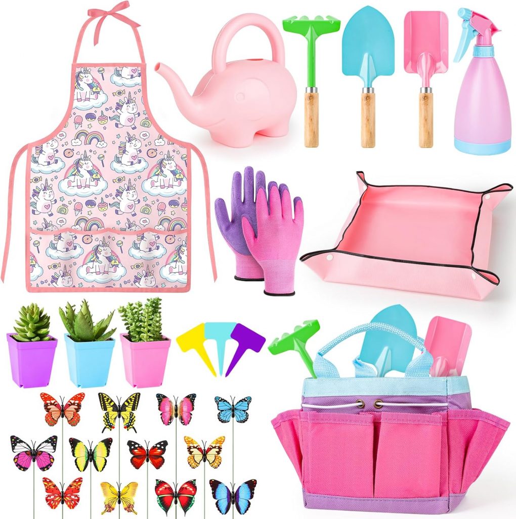 deAO Gartengeräte für Kinder, 27-Teiliges Gartenwerkzeug Set Inkl Pflanzwerkzeuge-Tasche, Gießkanne, Gartenschaufel, Sprühflasche, Pflanztöpfe, Handschuhe, Schürze, Gartenspielzeug für Kind 3 4 5