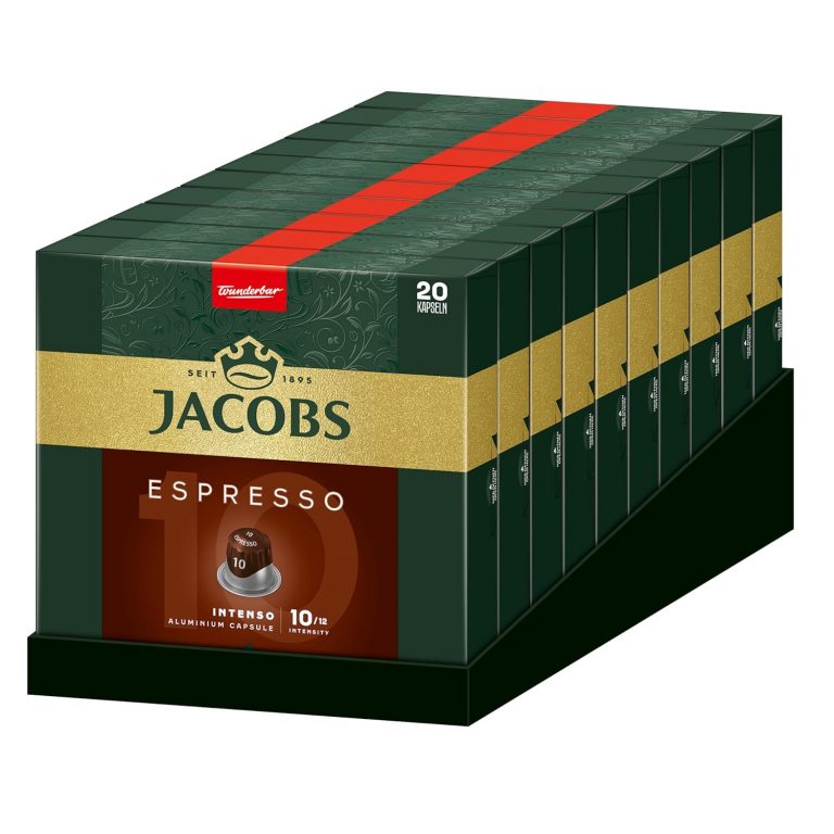 Jacobs Kaffeekapseln Espresso Intenso, Intensität 10/12, 10 x 20 Getränke, Nespresso* kompatible Kaffee Kapseln, 200 Kapseln46,69€ statt 71,28€➡️ https://www.amazon.de/dp/B00J2UQZ0I/?tag=preisfehlerheute-21
