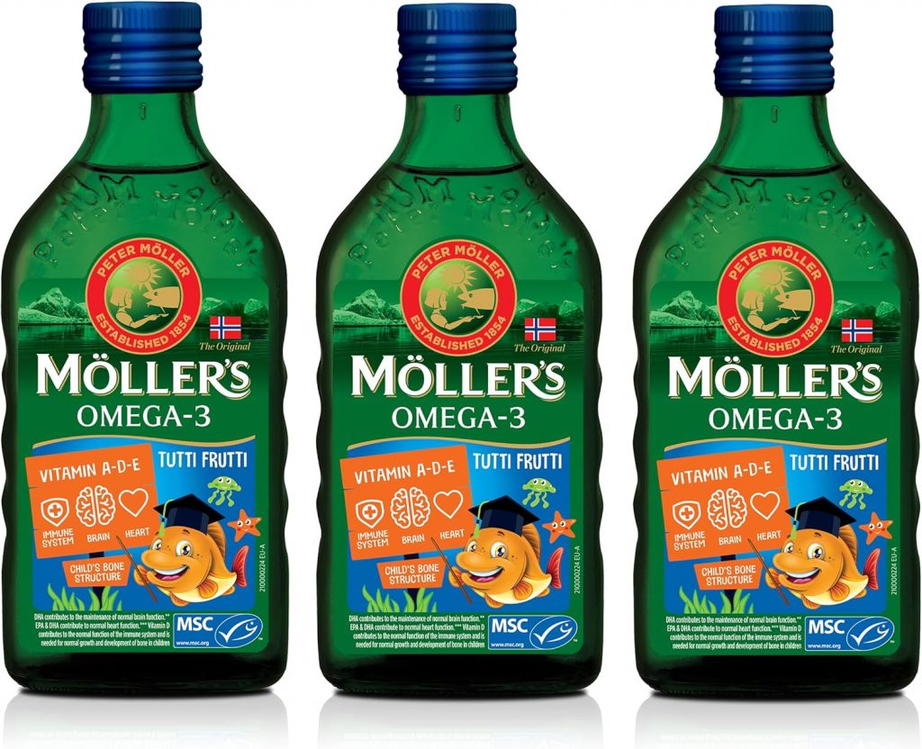 Möller's Omega 3 Lebertran | Nordic omega 3 kinder Nahrungsergänzung mit EPA, DHA, Vitamin A, D und E | Hochreiner natürlicher Lebertran | 165 Jahre alte Marke | Tutti Frutti | 250 ml x 339,90€ statt 49,90€➡️ https://www.amazon.de/dp/B0F6WGTN3T/?tag=preisfehlerheute-21