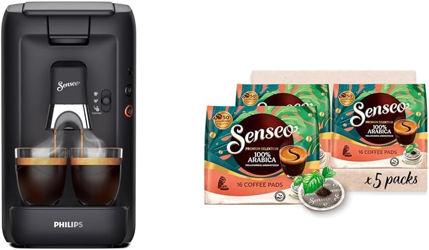 Philips Senseo Maestro Kaffeepadmaschine Bundle mit 80 Kaffeepads, 3 Kaffeespezialitäten, Memo-Funktion, Crema Plus, Intensität Plus, aus recyceltem Plastik, 1,2L, Scchwarz (CSA260/60)