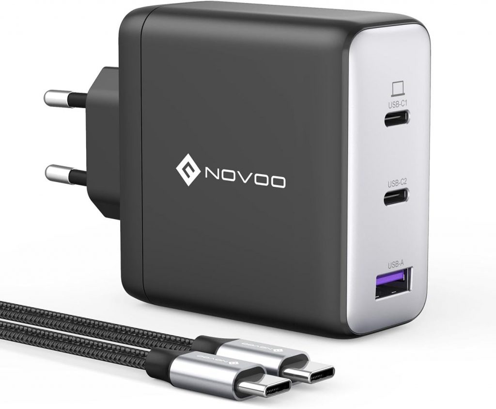 NOVOO 120W USB C Ladegerät GaN Ⅲ 3-Port USB C Netzteil Schnellladegerät mit 1 PD 100W Typ-C-Kabeln Wandladegerät für MacBook Pro 14'',Dell XPS 13,iPad Pro,iPhone 15,Galaxy S23,Note20,Apple Watch