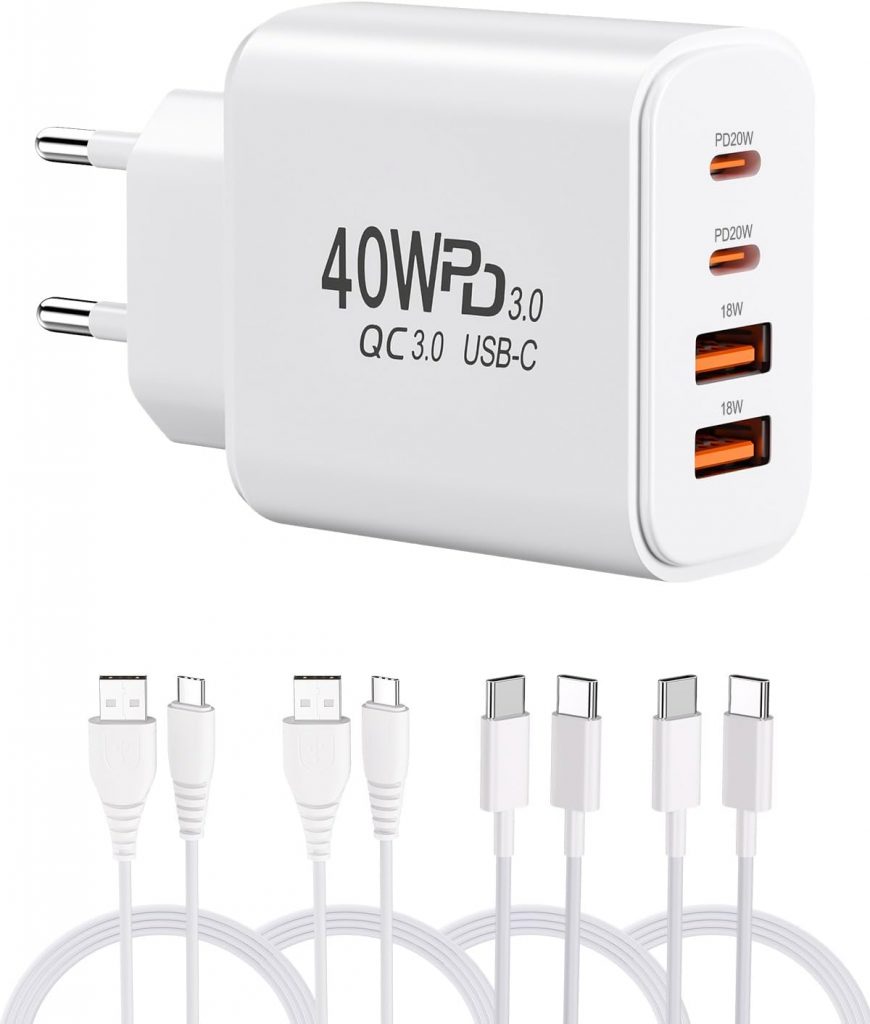 👑 40W USB-Ladeger&auml;t mit 4 Kabeln, 2 USB-C + 2 USB-A Anschl&uuml;ssen Wandladeger&auml;t f&uuml;r iPhone, Samsung, Android, iPad, Tablet &ndash; Kompakter Reise- und Homeoffice-Schnellladeadapter (1 Stecker + 4 Kabel)