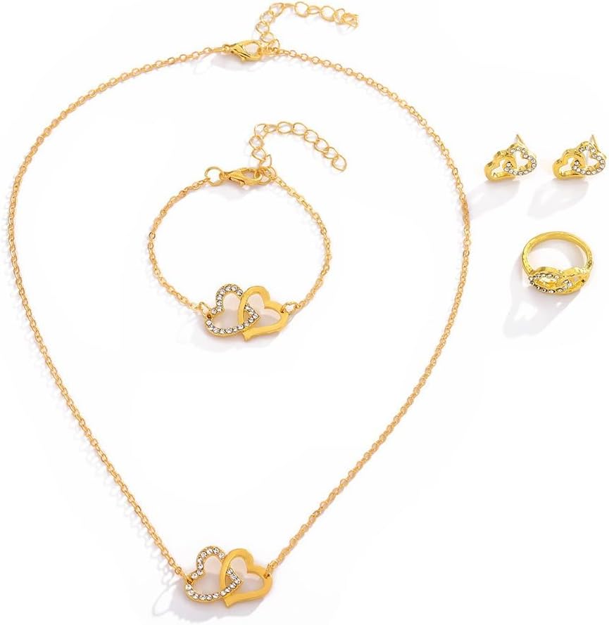 FDEETY Schmuckset Damen Doppelt Herz Kristall Anhänger Halskette Ohrstecker Armband Ringe Schmuck Set Brautschmuck Geschenke für Mädchen Hochzeit Engagement Party (Gold)4.99€ ➡️ https://www.amazon.de/dp/B0DHVKVVC2/?tag=preisfehlerheute-21