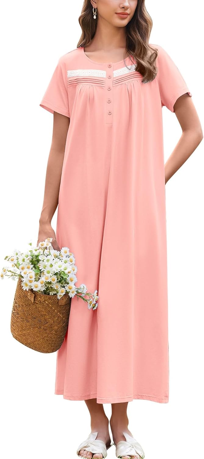 Ekouaer Nachthemden Damen Baumwolle Lang Kurzarm Nachtwäsche Nachtkleid mit Knopf Taschen Weich Schlafshirt Rosa S9.99€ ➡️ https://www.amazon.de/dp/B0DLGBZSFV/?tag=preisfehlerheute-21