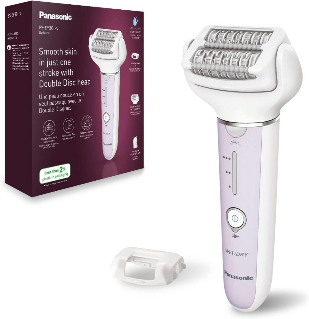 Panasonic ES-EY30 Nass/Trockenepilierer Damen, Dual Disc mit 60 Pinzetten, 90° schwenkbarer Kopf, 3 Geschwindigkeiten & LED-Licht, 30 Min. Betrieb, kabellos, Haarentferner