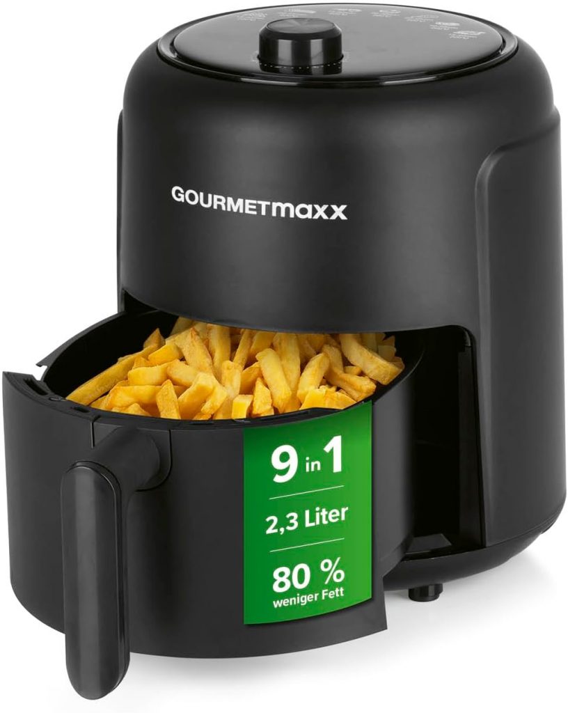 GOURMETmaxx Heißluftfritteuse 2,3L Airfryer mit 60 Minuten Timer und 9 Funktionen inkl. Vorheizen & Warmhalten energiesparend & geruchsarm frittieren – nahezu ohne Öl 1000 W