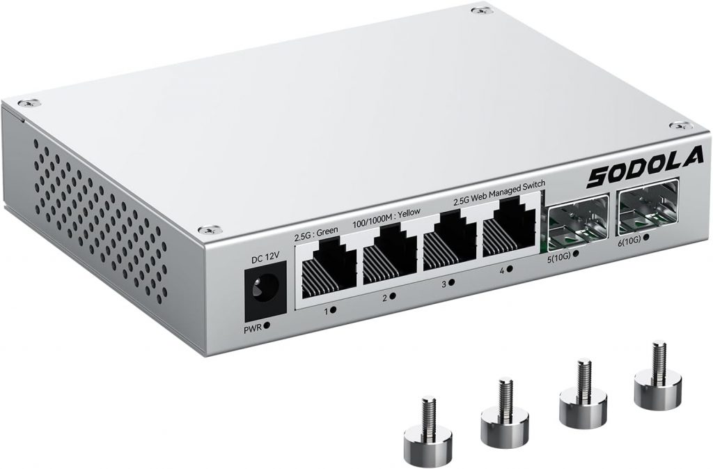 SODOLA 2.5Gbit Switch Managed,4 x 2.5G Base-T Ports, 2 x 10G SFP+, Aluminiumkühlung & Magnetfüße – LACP/QoS/VLAN/IGMP Web-Managed Multi-Gigabit Switch für Heimlabor & professionelle Netzwerke