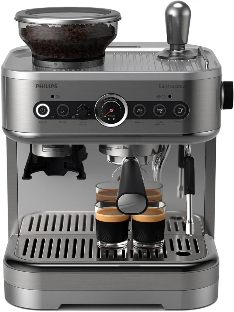 Philips Barista Brew Halbautomatische Espressomaschine – Einfacher & doppelter Espresso + Americano Taste, 250g Bohnenbehälter, Intuitive Führung, Kalibriertes Stampfen, Metall Silber (PSA3218/01)🔥